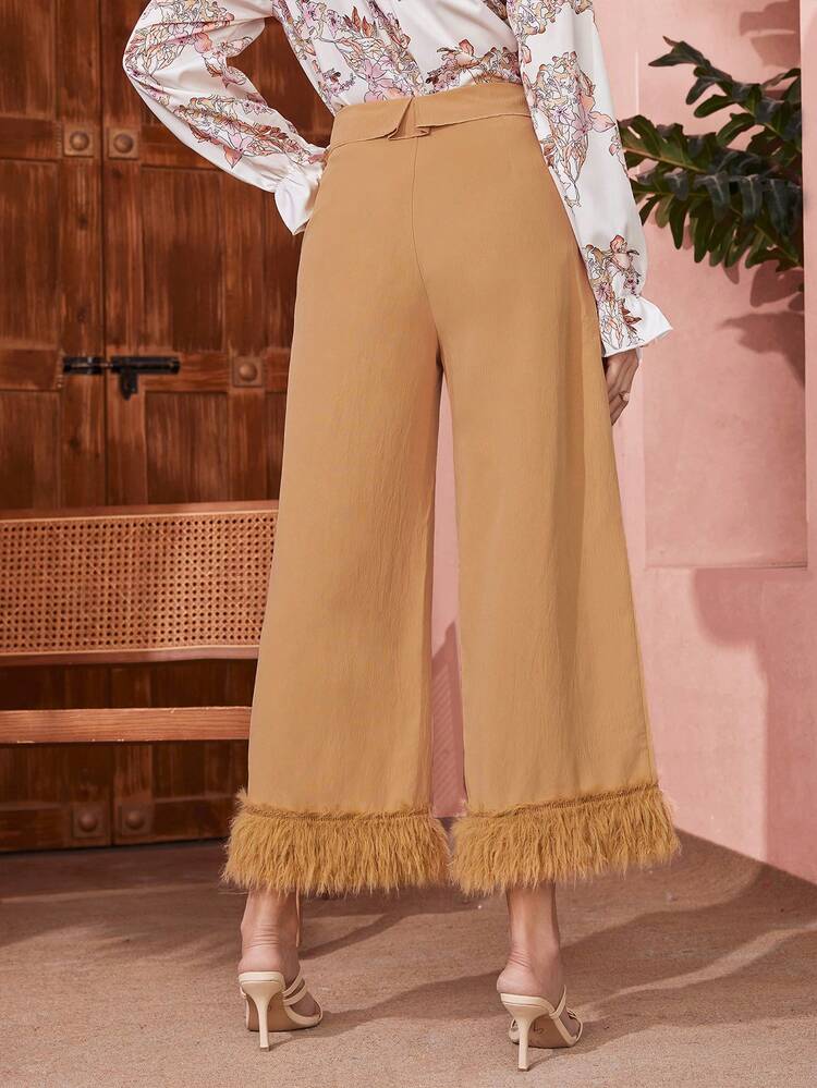 Women'S High-Waisted Folded Waistband Frayed Hem Wide Leg Pants Fall Cloth For Women