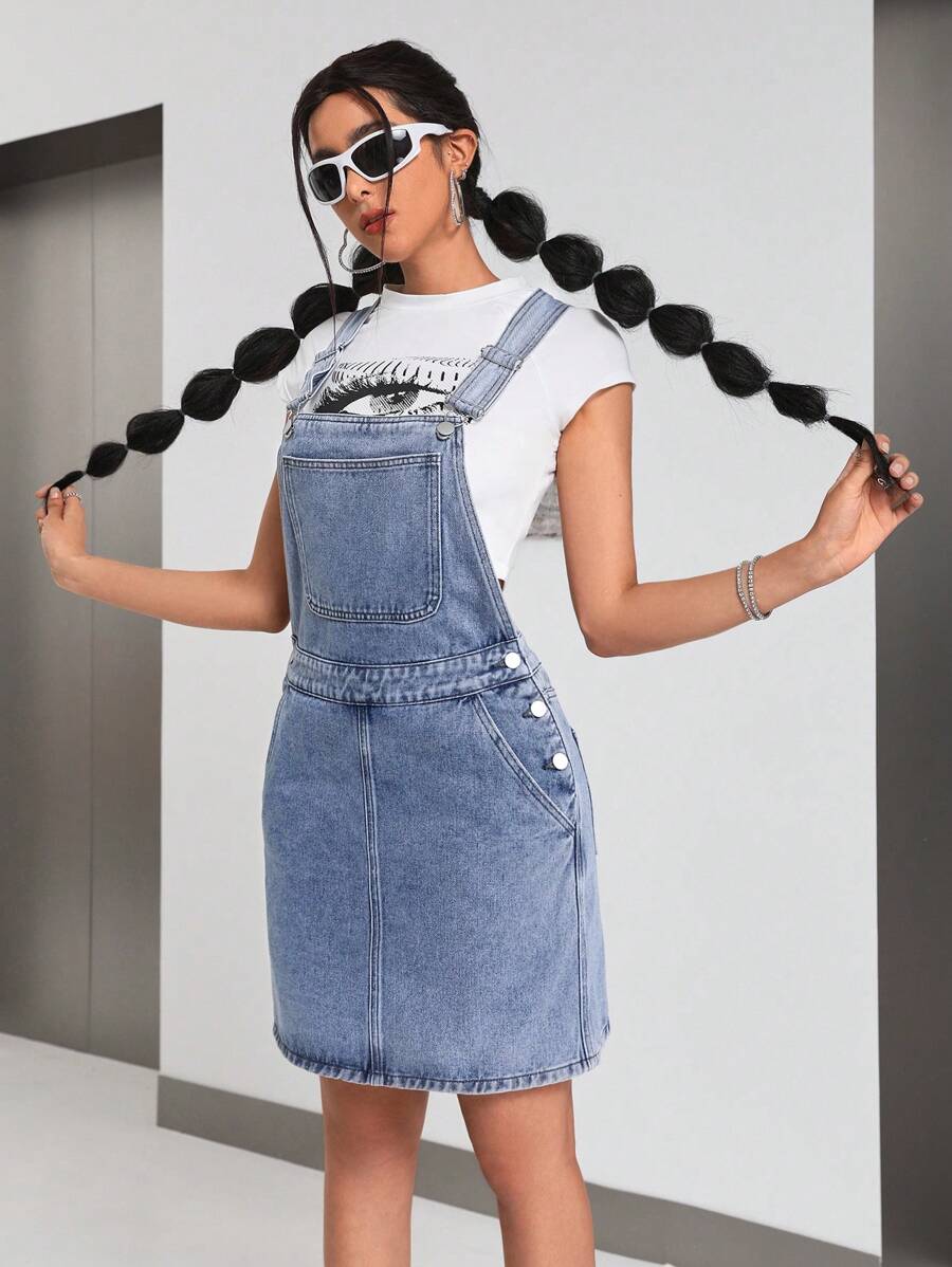 Women's Light Blue Denim Overall Dress - Blue - View 1