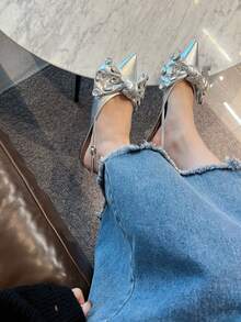 Women's Butterfly Shaped Rhinestone Detail Flat Sandals With Pointed Toe - Silver - View 2