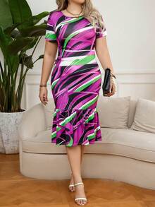 SHEIN Clasi 加大號全印花美人魚擺緊身連衣裙 - 紫色 - 查看 3