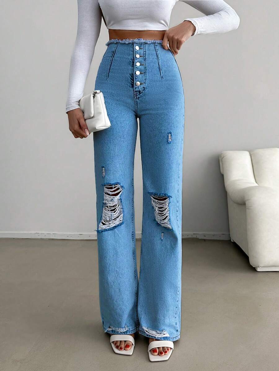 SHEIN Cottnline 女款羈扣門襟仿舊直筒牛仔褲 - 寶藍色 - 查看 1