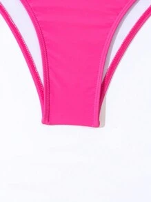 3pcs/Set Teen Girls' Lovely Mermaid Scale Print Ruffle Edge Cami Bikini With Halter Neck For Beach Party - Hot Pink - View 5