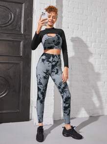 Teenage Girls' Tie Dye Grey Yoga Suit With High Elasticity, Free Stretch, Skin-Friendly, Comfortable, Soft And Breathable For Outdoor Sports - Multicolor - View 4