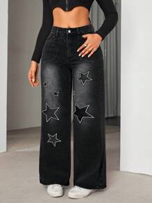 星形圖案水洗牛仔褲（不含腰帶） - 黑色 - 查看 4