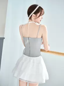 SHEINNeu Top de verano tipo camiseta de tirantes con lazo y encaje en contraste, estilo balletcore - Gris - Ver 2