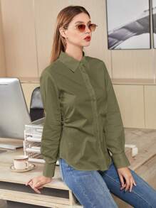 Mulvari 女性通勤長袖襯衫 - 軍綠色 - 查看 1