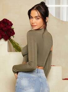 SHEIN BAE 女士不对称领口镂空长袖 T 恤 - 軍綠色 - 查看 2