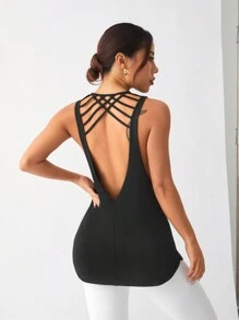 SHEIN Yoga Sxy Top De Espalda Abierta Atlética De Color Sólido - Negro - Ver 3