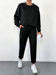 RueChic Women's Wraparound Long Sleeve Sweatshirt And Tracksuit Pants Set - Black - View 4