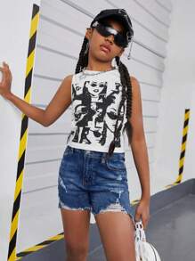 SHEIN Leap Crew Tween Girls' High Stretch Regular Waist Asymmetrical Ripped Denim Shorts - Blue - View 3