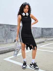 少女针织纯色拼布立领不对称下摆连衣裙