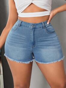 SHEIN SXY Kích thước lớn Quần short Denim Với Sự tréo nhau Dây đai , Frayed - Rửa nhẹ - Xem 2