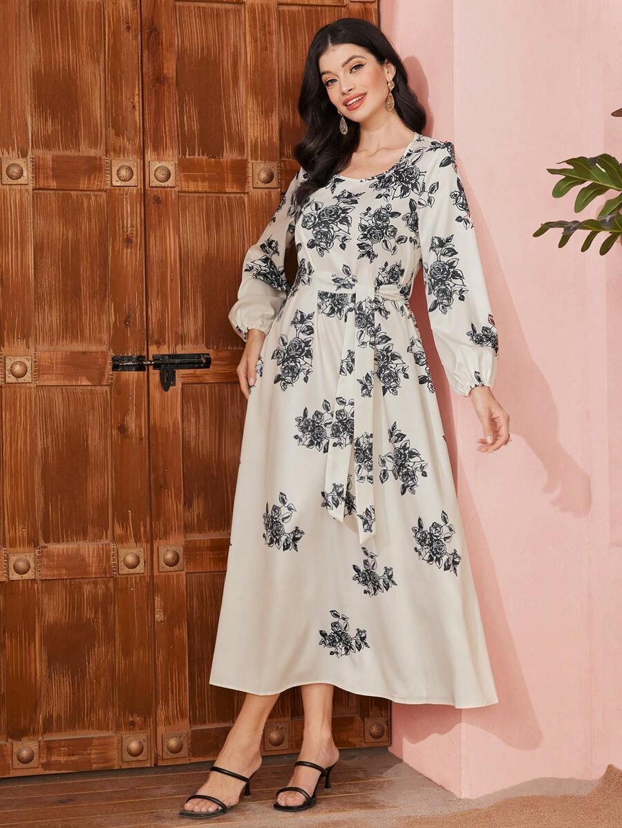 Mulvari Ladies' Floral Print Lantern Sleeves Dress - White - View 1