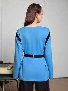 SHEINNeu Camiseta De Manga Larga Para Mujer Con Detalles De Costuras En Contraste - Azul - Ver 2