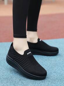 女士春夏季輕便透氣編織純色厚底休閒運動鞋搖搖鞋 - 黑色 - 查看 4