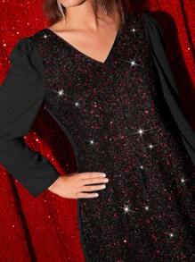 SHEIN Frenchy Women's Glitter Patchwork Long Sleeve Dress - Red - View 3