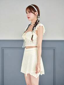 SHEINNeu Balletcore Bow Kawaii Floral Lace Asymmetric Hem Summer Sets Two-Piece Outfit - Apricot - View 5