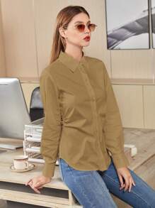 Mulvari Curved Hem Long Sleeve Shirt - Khaki - View 1