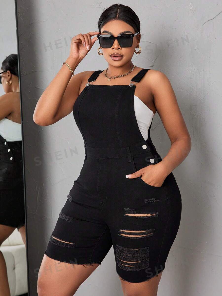 SHEIN SXY Mono Corto De Mezclilla Desgastado Para Mujeres De Talla Grande