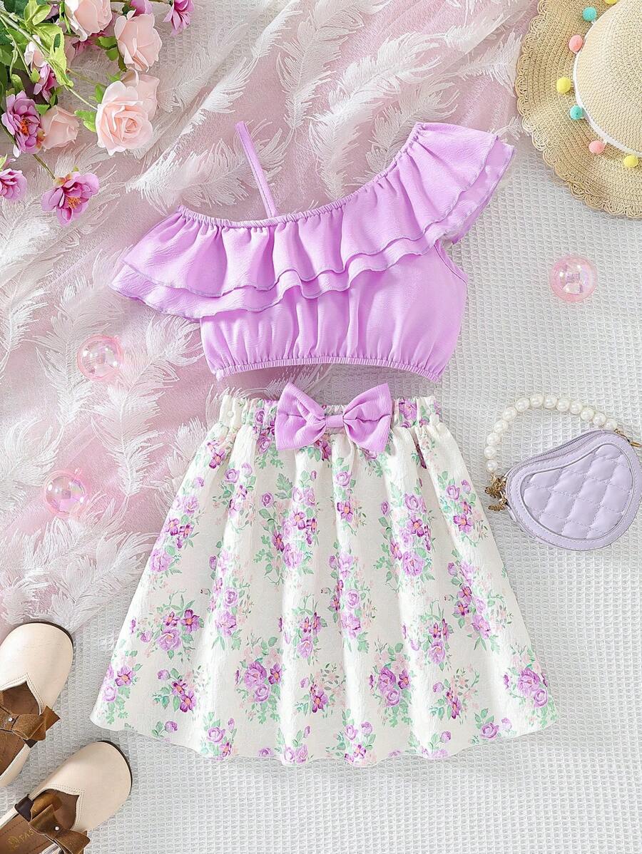 SHEIN Conjunto De Dos Piezas Con Falda Texturizada Y Top De Color Liso Para Niñas Pequeñas Para Primavera Y Verano