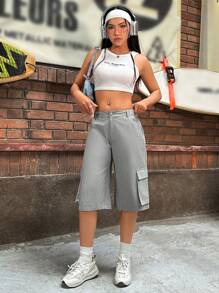 SHEIN EZwear Women's Grey Woven Cargo Shorts - Grey - View 6