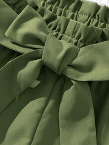 SHEIN Conjunto De Top De Un Hombro De Punto De Color Sólido Para Niñas Preadolescentes Y Pantalones Cortos Tejidos De Dos Bolsillos De Color Sólido - Multicolor - Ver 4