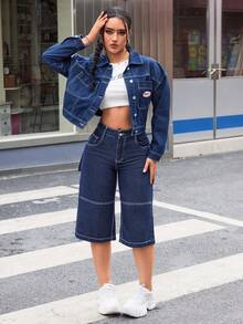 SHEIN ICON Pantalones Cortos Capri de Mezclilla con Bolsillos Cargo - Azul lavado oscuro - Ver 4