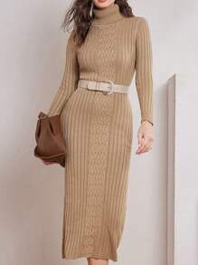 Mulvari Cổ áo cao Thon gọn Đầm Áo len Không có Eo Thắt lưng - Màu be - Xem 1