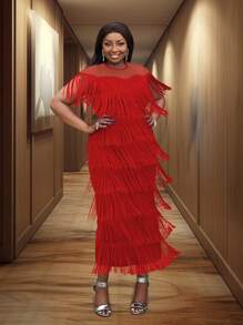 Women Red Fringe See Through Top Cap Sleeve Festival Party Tassel Dresses Midi Length New Year Party Dress - Red - View 6