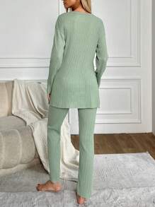 EURMUSE Letter Printed Ribbed Knit Lounge Wear Set - Green - View 2