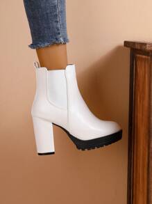 女性厚底高跟防水平臺圓頭彈力側拉鍊時尚白色靴子,適用於春季、秋季、冬季 - 白色 - 查看 7