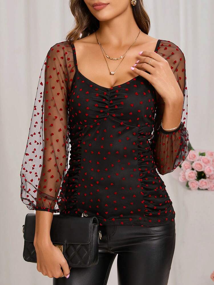 Women's Sheer Mesh Heart Pattern Blouse