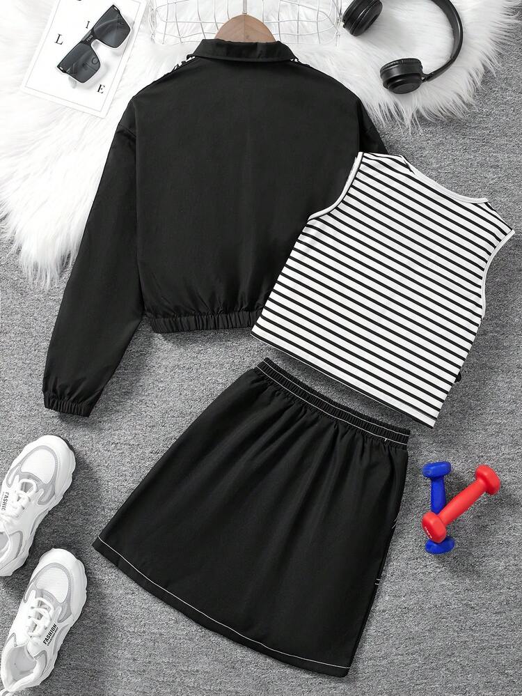 Tween Girl Striped & Letter Tank Top and Top-stitching Jacket and Skirt