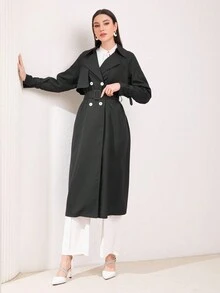 Modelyn Women's Solid Color Double Breasted Belted Trench Coat - Black - View 7