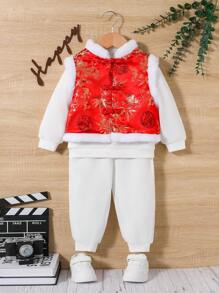 SHEIN Baby Boys' Chinese Style Round Neck Fleece Sweatshirt, Long Pants And Vest Set