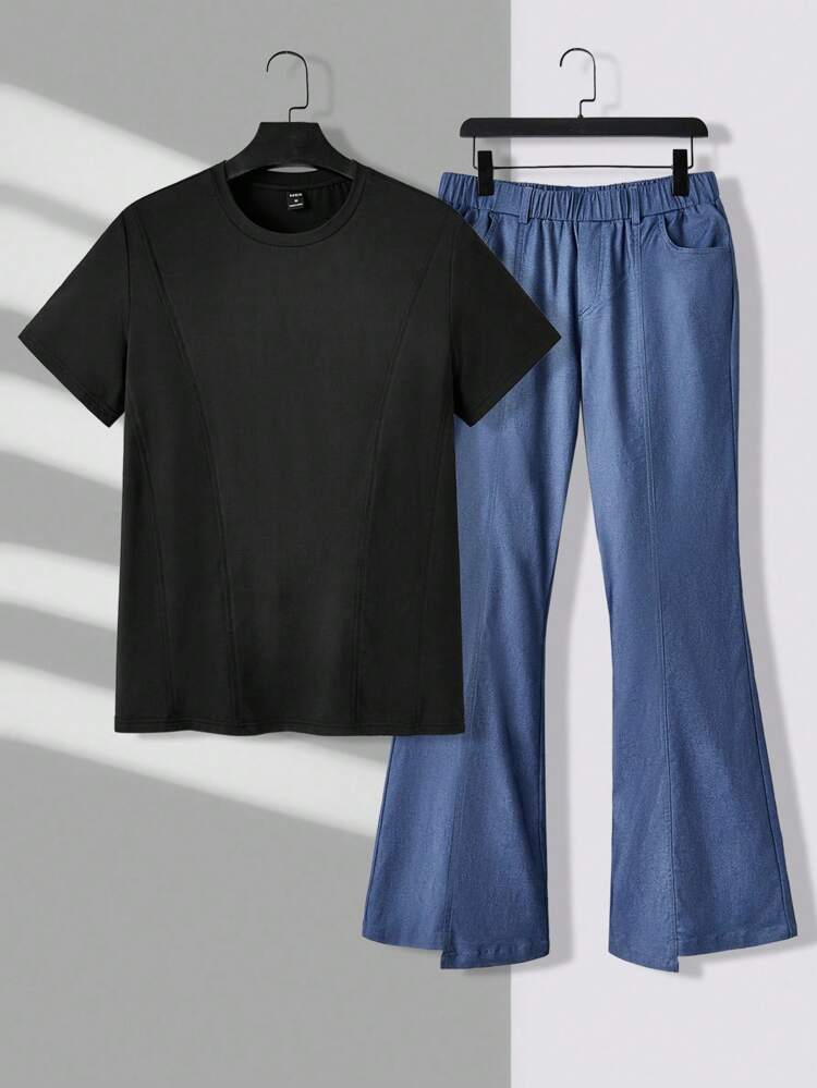 Men's Round-Neck Short Sleeve T-Shirt And Flared Pants Knitted Casual 2pcs/Set