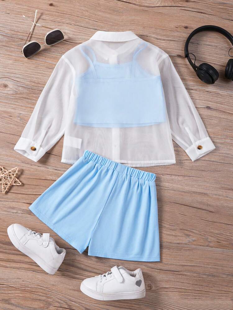Toddler Girls' Knitted Solid Color Tank Top, Loose Shorts And Mesh Shirt 3pcs Set