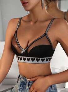 女式心形印花網眼拼接內衣 - 黑色 - 查看 1