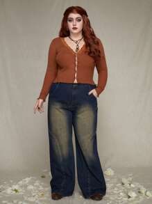 ROMWE PUNK Plus Size Lace Embellished Long Sleeve Cardigan - Coffee Brown - View 5