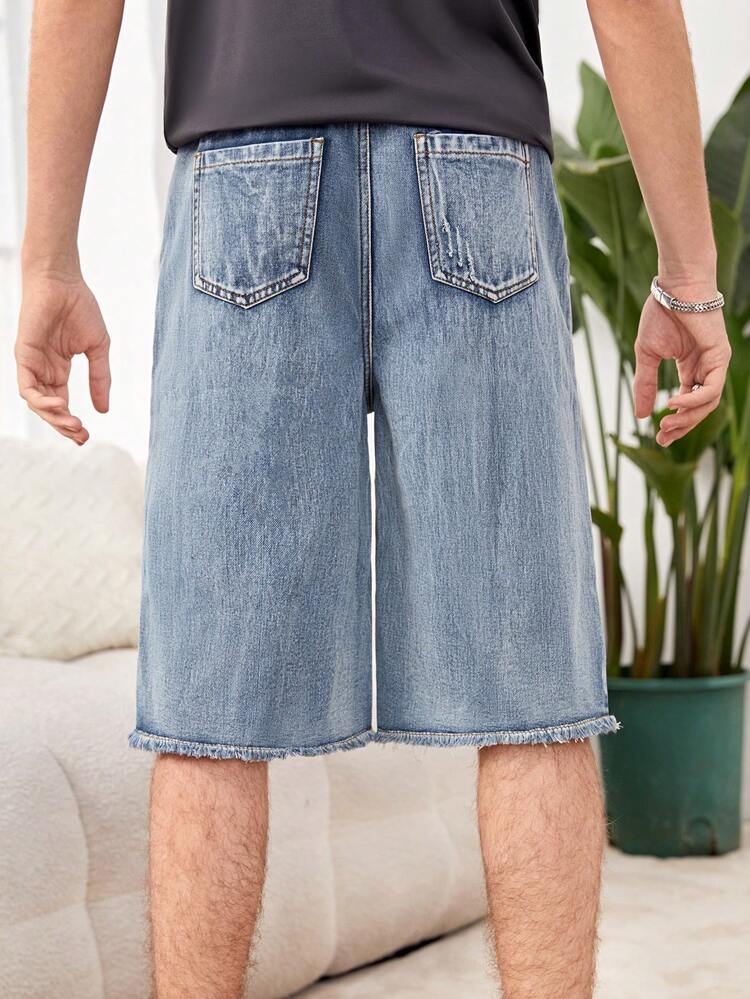Teen Boys' Vintage Street Style Crinkle Cut, Ripped, Washed, Loose Fitting & Comfortable Denim Shorts