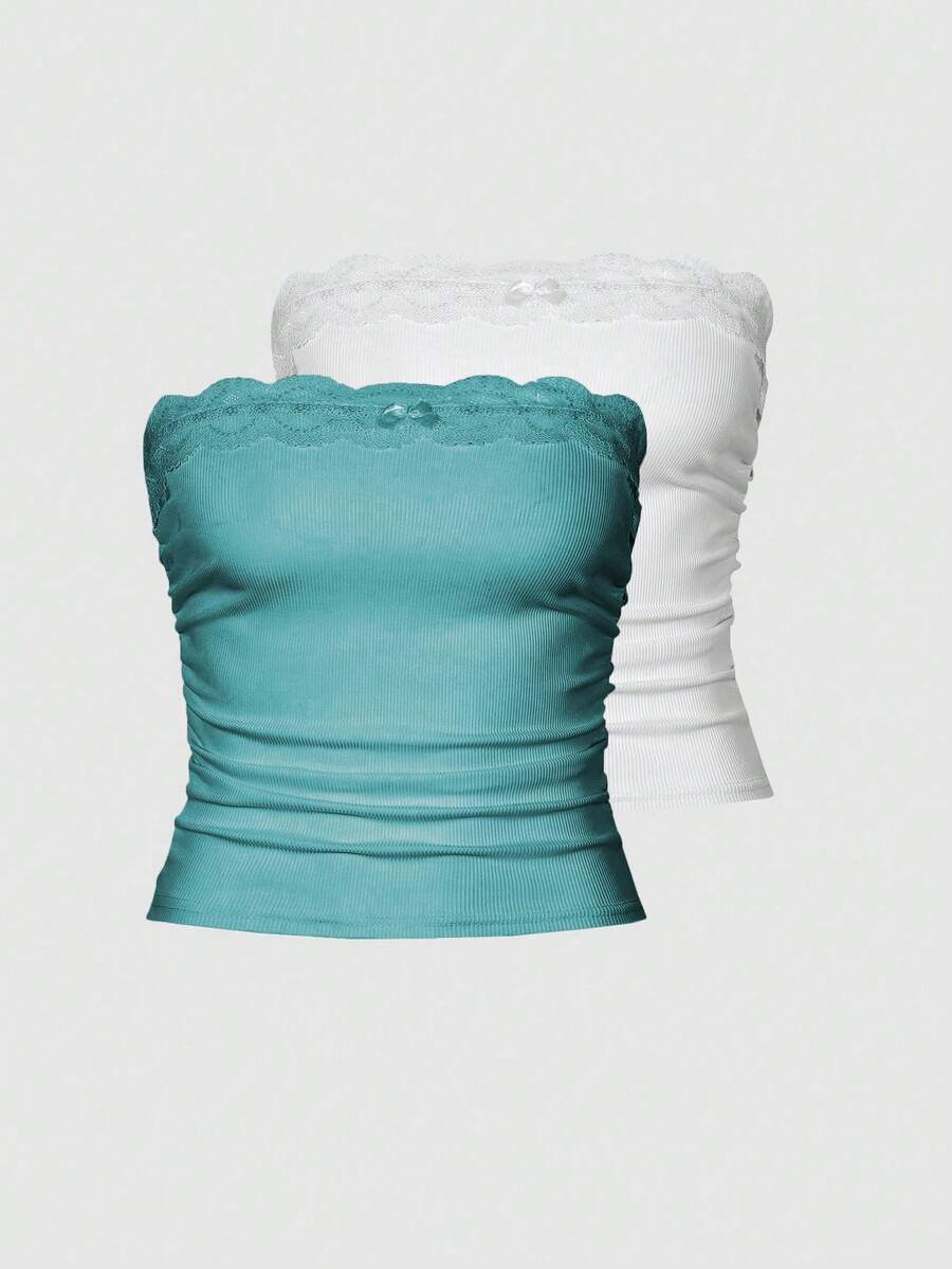 SHEIN Unity 女款蕾絲花卉拼接蝴蝶結裝飾的無肩帶上衣 - 薄荷藍 - 查看 1