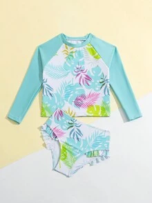 年輕女孩植物印花長袖泳衣套裝 - 彩色 - 查看 5