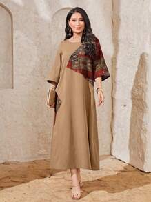 Seusyu Women's Arabian-Inspired Botanical Print Dress, Modest - Brown - View 4