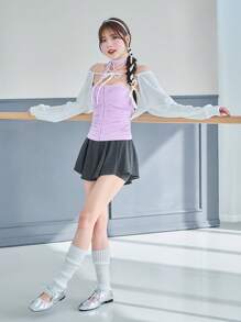 SHEINNeu 薰衣草色夏季芭蕾蝴蝶结褶饰露背系带抹胸情人节服装夏季上衣 - 淡紫色 - 查看 5