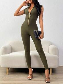 SHEIN PETITE Ladies' Sleeveless Zipper Front Skinny Jumpsuit Unitard - Army Green - View 5