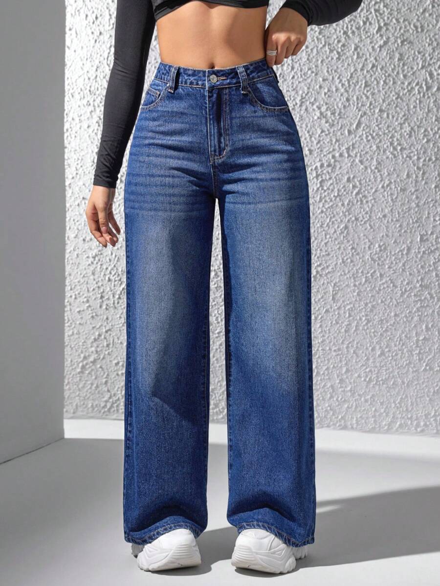 SHEIN EZwear Straight Leg Jeans With Stone Wash - Blue - View 1