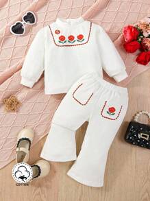 Baby Girls' Floral And Letter Printed Stand-Up Collar Sweatshirt And Flared Pants Set, Winter - White - View 1