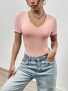 SHEIN Unity 女士v領短袖連體衣 - 粉色 - 查看 4