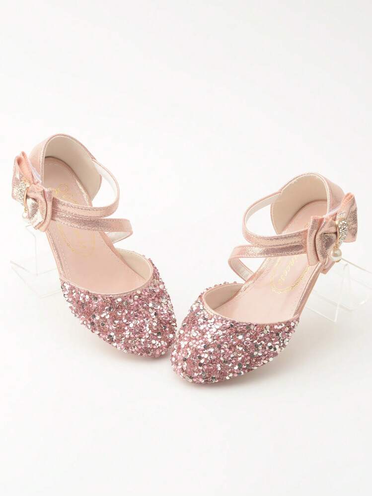 女童春季風格高跟公主鞋，皮鞋，舞臺演出鞋搭配正式裙金色水晶鞋 - 粉色 - 查看 1