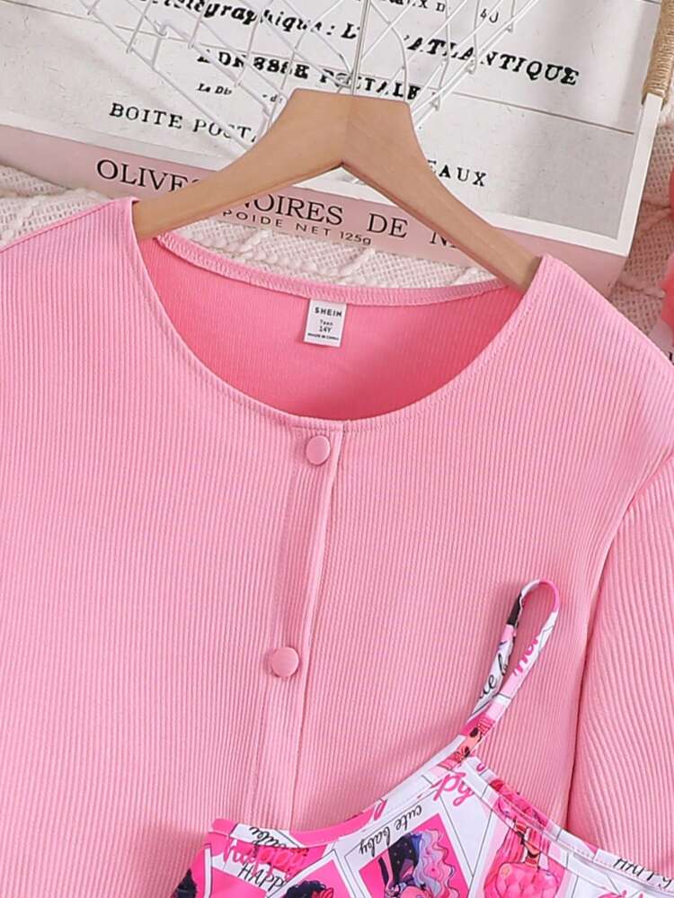 Teen Girls' Button-Front Long Sleeve Top And Letter Printed Cami Dress 2pcs/Set